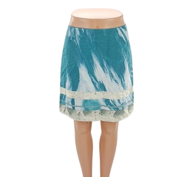 ELIE Tahari Linen Skirt Abstract Print Blue Zipper Back Lined Coastal Size 2 - Picture 1 of 9